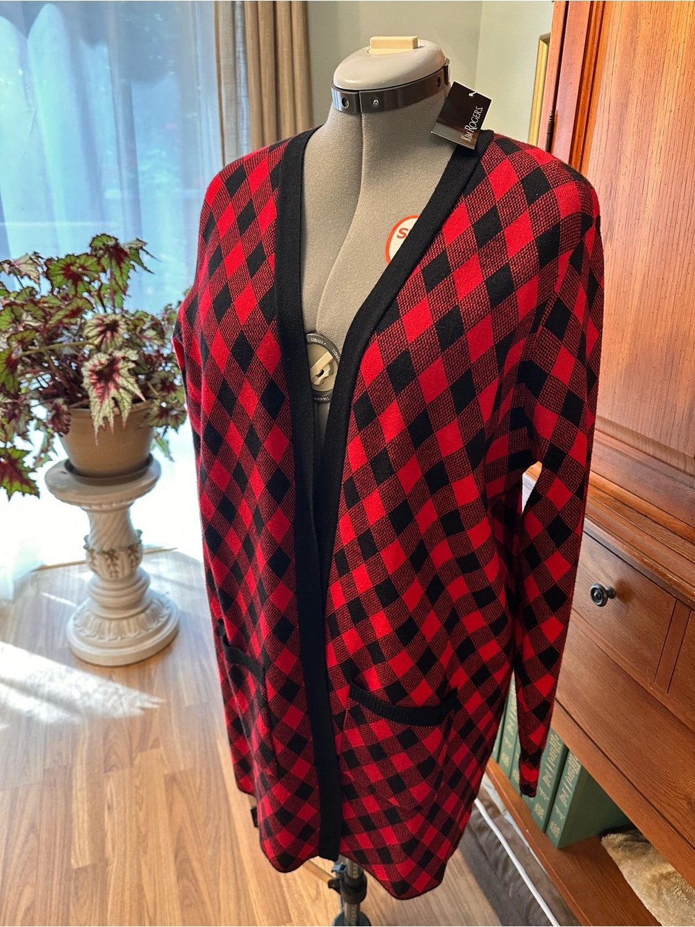 Kim Rogers Red and Black Plaid Open Front Cardigan